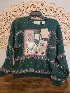 New Vtg NORTHERN ISLES Hand Embroidered Floral Bunny Rabbit Patchwork Sweater XL - Picture 1 of 9