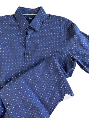Hugo Boss Mens Navy Polka Dot Button-Down Shirt Regular Fit Medium Seersucker - Image 1 of 4