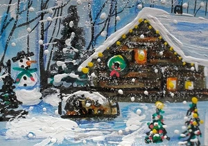 ACEO Originale Inverno CASA DI NATALE Cabina Alberi PITTURA Neve Vacanze Paesaggio ARTE - Foto 1 di 1