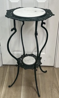 Antique Cast Iron Plant Stand with Marble Tops – 28” Tall Vintage Decor - Image 1 of 4