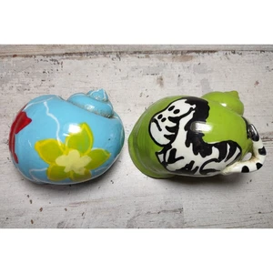 Lot of 2 Handpainted Large Snail Shells Zebra w/ Tail & Flowers Green Blue - Picture 1 of 6