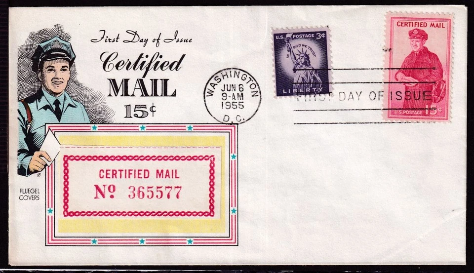 1955 Certified Mail 15c FDC Sc FA1 with premium Fluegel cachet (WC - Image 1 of 1