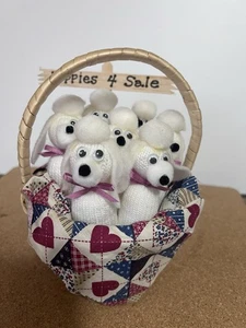 Handmade Puppies 4 Sale Basket – Sock Dog Craft Figurines with Googly Eyes - Picture 1 of 3