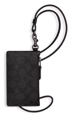 💙Coach Zip ID Lanyard Card Case - Charcoal Black Signature Canvas/Leather - NWT - Image 1 of 3