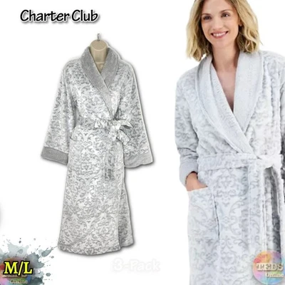 Papel de parede prata novo com etiquetas Charter Club feminino M/L longo roupão de pelúcia em relevo 100192654 - Imagem 1 de 4