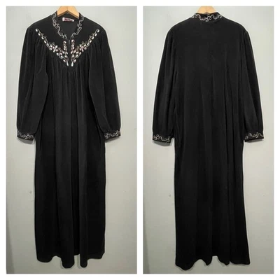 Vintage Vanity Fair Robe Size  XL Black Embroidered Retro Granny Nightgown Sleep - Image 1 of 4