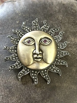 Sterling Large Brooch Sunburst Smiling Sun 2 1/2” 39 Grams Vintage  MARCASITES - Image 1 of 4