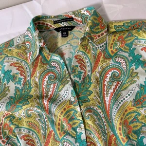 Land's End Shirt 18W No Iron Pinpoint Button Down 3/4 Sleeve Multicolor Paisley - Picture 1 of 10