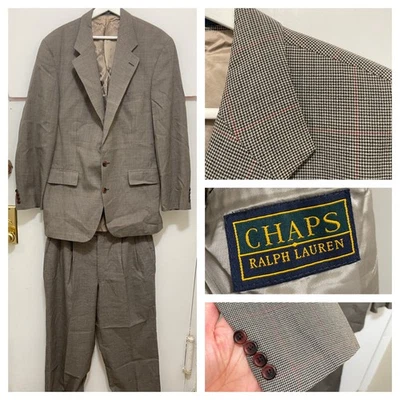 Traje De Colección Chaps Ralph Lauren Lana Virgen Plisado Beige Gris Pata de Gallo 42 COMO ESTÁ Foto 1 de 4