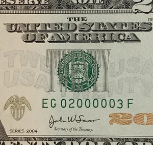 EG02000003F $20 6 of a Kind 0s Fancy Serial Number Twenty Dollar Bill 2004 Note - Picture 1 of 3
