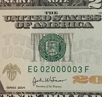 EG02000003F $20 6 of a Kind 0s Fancy Serial Number Twenty Dollar Bill 2004 Note - Image 1 of 3