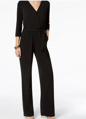 NY Collection  3/4 Sleeve Belted Wide Leg Jumpsuit   Size Petite Large Black - Image 1 of 4