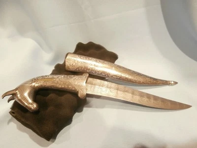 VINTAGE PERSIAN SILVER INLAID DAMASCUS KHANJAR DAGGER  11 1/2"   BEAUTIFUL!  USA - Image 1 of 4