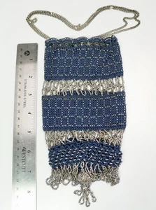 Antique Crochet Drawstring French Steel Micro Bead Fringe Small Purse - Picture 1 of 9