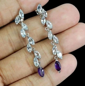 925Silber OHRRINGE HÄNGER Echte Edelsteine Amethyst Aquamarin 14k weißvergoldet. - Bild 1 von 4