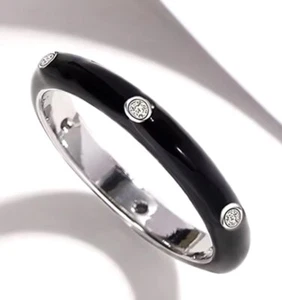 NEW Women’s Pave Diamond Black Enamel Stackable 925 Sterling Silver Ring, Size 6 - Picture 1 of 18