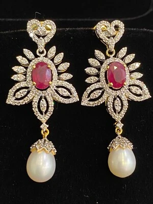 Pave 7.39 TCW Round Brilliant Cut Diamonds Ruby Pearl Dangle Earrings 14K Gold - Image 1 of 4