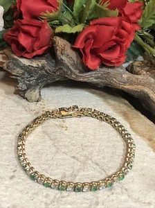 15. Vtg. Yellow 925 Sterling Green Emerald White CZ Tennis Bracelet 6 3/4", 11g - Picture 1 of 12