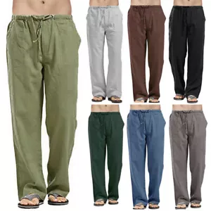 Mens Casual Cotton Linen Loose Drawstring Straight Pants Stretch Waist Trousers - Picture 1 of 22