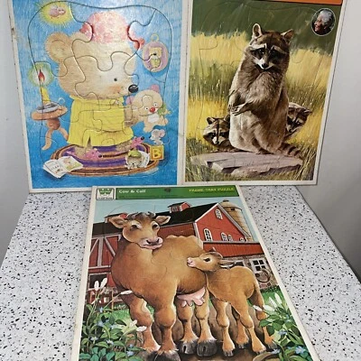 Vintage 1977 COW & CALF GOLDEN FRAME TRAY 12 PC. PUZZLE MADE IN USA!lot Of 3 - Image 1 of 4