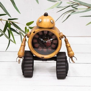 Yellow Metal Industrial Robot Desk Mantle Clock Mans Boys Bedside Clock Gift - Picture 1 of 4