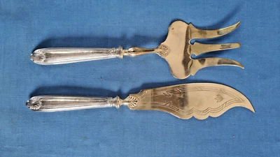 COUVERTS SERVICE A POISSON MANCHE ARGENT MINERVE, LAME VERMEILLÉE M.O. P. BEZON - Photo 1/4