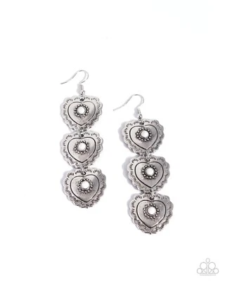 Paparazzi Vintage Allure - White - White Stones - Silver Hearts - Earrings - Изображение 1 из 3