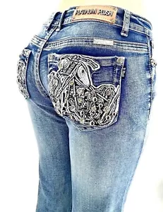 PLATINUM PLUSH RHINESTONE MOTORCYCLE DENIM BOOT CUT JEANS STYLE #4054 - Picture 1 of 5
