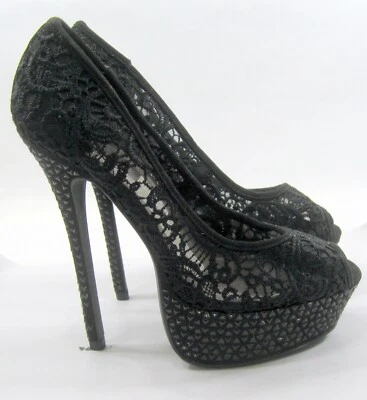 Nuevo Negro Crochet Jacklny 5.5" Stiletto Puntera Abierta Zapatos MUJERES Talla 6.5 Foto 1 de 4