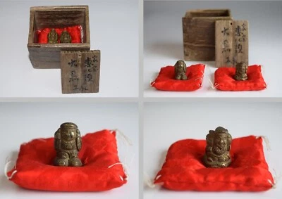 Pequeñas deidades de latón antiguas japonesas hechas en 1808 EBISU y Daikoku para prosperidad V83 Foto 1 de 4