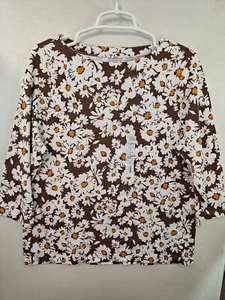 NWT Croft & Barrow Women's XL Brown Floral 3/4 Sleeve Boat Neck Cotton T-shirt - Picture 1 of 3
