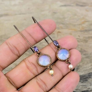 Natural Milky Opal African Amethyst Hook Electroformed Dangle Earrings Copper - Picture 1 of 6