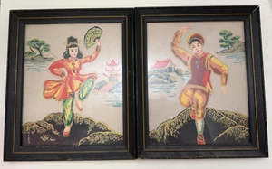 Coppia di stampe vintage danzanti asiatiche giapponesi arte incorniciata - Foto 1 di 4