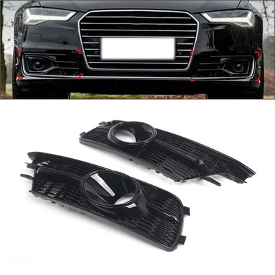 Pair Front Fog Light Grille Cover With ACC Hole For Audi A6 C7 2016-2018 Black Foto 1 de 4