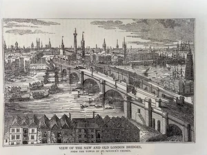 GRABADO 1831 VISTA PUENTES DE LONDRES NUEVOS Y ANTIGUOS + TEXTO Revista de caballeros - Imagen 1 de 2