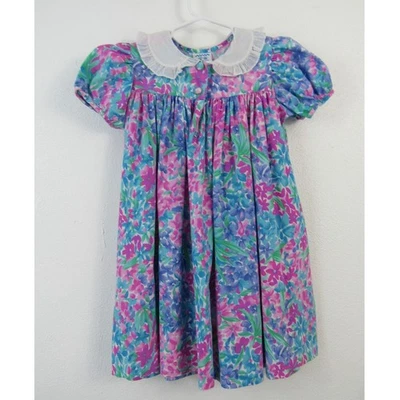 Vestido Vintage Kelly's Niños 4T Púrpura Rosa Azul Estampado Floral Bishop Cuello Volantes Foto 1 de 4