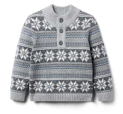 Janie And Jack Winter Snowflake Fairisle Sweater Boys 6 New Gray Quarter Button  - Image 1 of 4