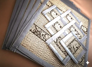 10.5" x 12.5" Silver Papyrus Reed Platemat & Coasters Thai Dinning Set 6 seats - Picture 1 of 14