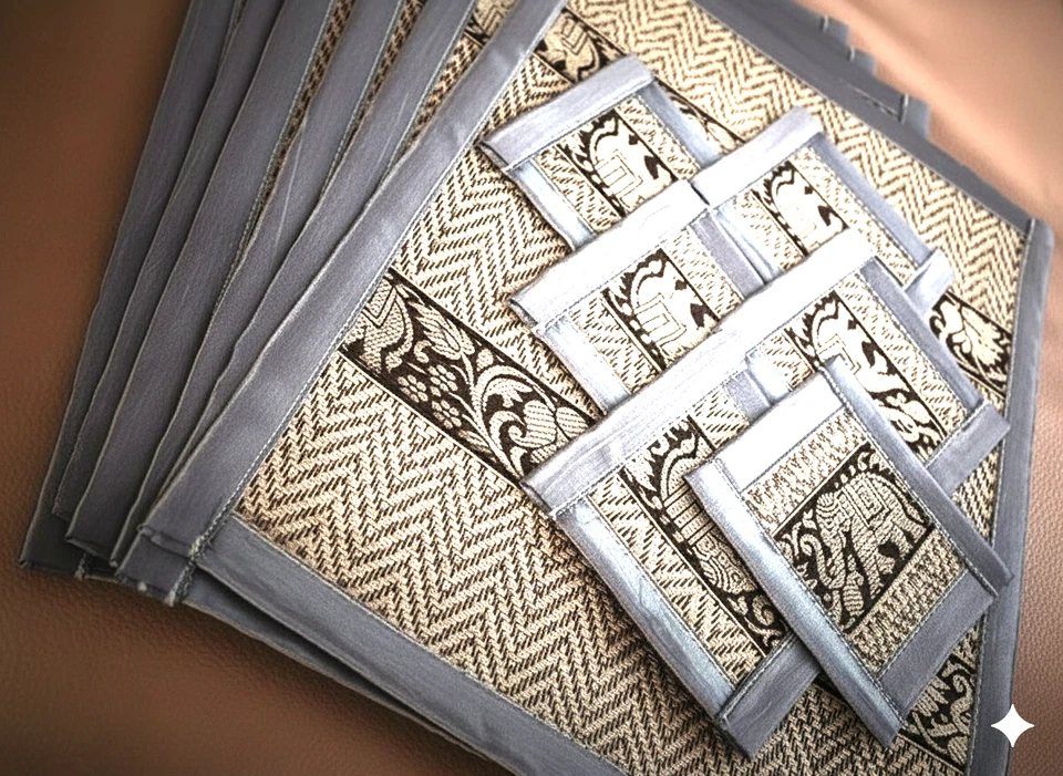 10.5" x 12.5" Silver Papyrus Reed Platemat & Coasters Thai Dinning Set 6 seats - Image 1 of 4