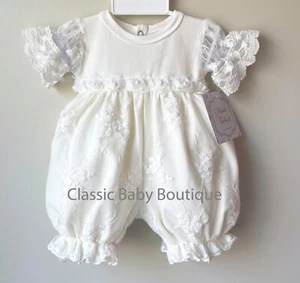 NWT Haute Baby Ivory White Pearl Lace Flower Bubble Romper Newborn Girls 0 3 M - Picture 1 of 4