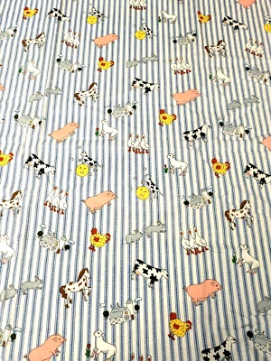 1.25 YD Moda Blue Striped Ticking Farm Animal Fabric Sew Quilt Kids Pig Cow - Image 1 of 4