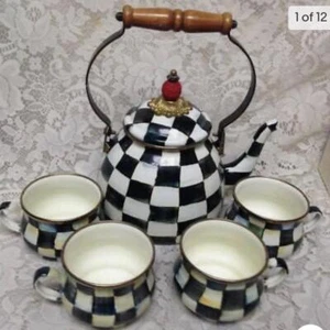 MacKenzie Childs Courtley Check Enamelware 2 Qts Tea Kettle w/ 4 Cups - Picture 1 of 12