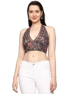 Indian Block Printed Art Women's Blouse Silk Top Neck Top Halter Top Beach Party - Picture 1 of 6