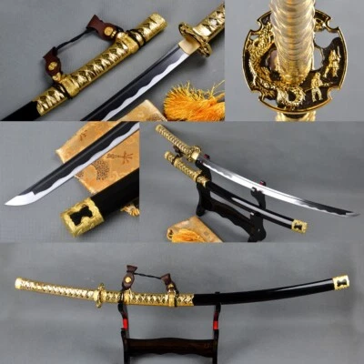 golden Japanese samurai katana sword Tachi fittings Sharp carbon steel blade - Image 1 of 4