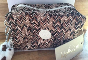 Kipling Gleam Pouch Chevron Beige Nayeli Monkey NEW - Picture 1 of 4