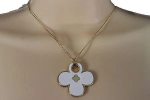 Women Gold Necklace Metal Chain Lucky Flower Pendant Fashion Jewelry White Charm - Picture 1 of 9