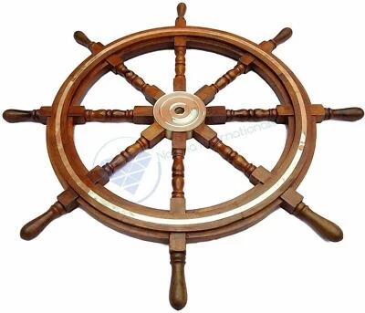 36"  Brass Ring Pirate Captain Wheel Nautical Marine Wooden Steering Ship Wheel - Image 1 of 4