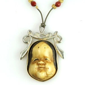 9k Yellow Gold Silver Authentic Japanese Mask Necklace - Picture 1 of 5