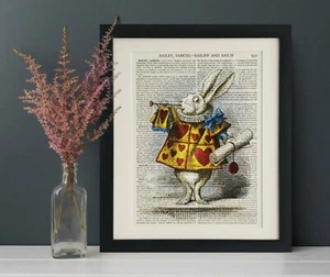 Vintage Book Page Art Print, ALICE IN WONDERLAND, Dictionary Art White Rabbit - Picture 1 of 1