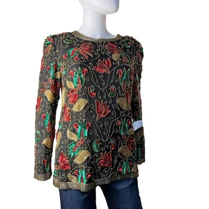 Vintage Joan Leslie Red Green Holiday Sequin Beaded Blouse Top Size M - Picture 1 of 7